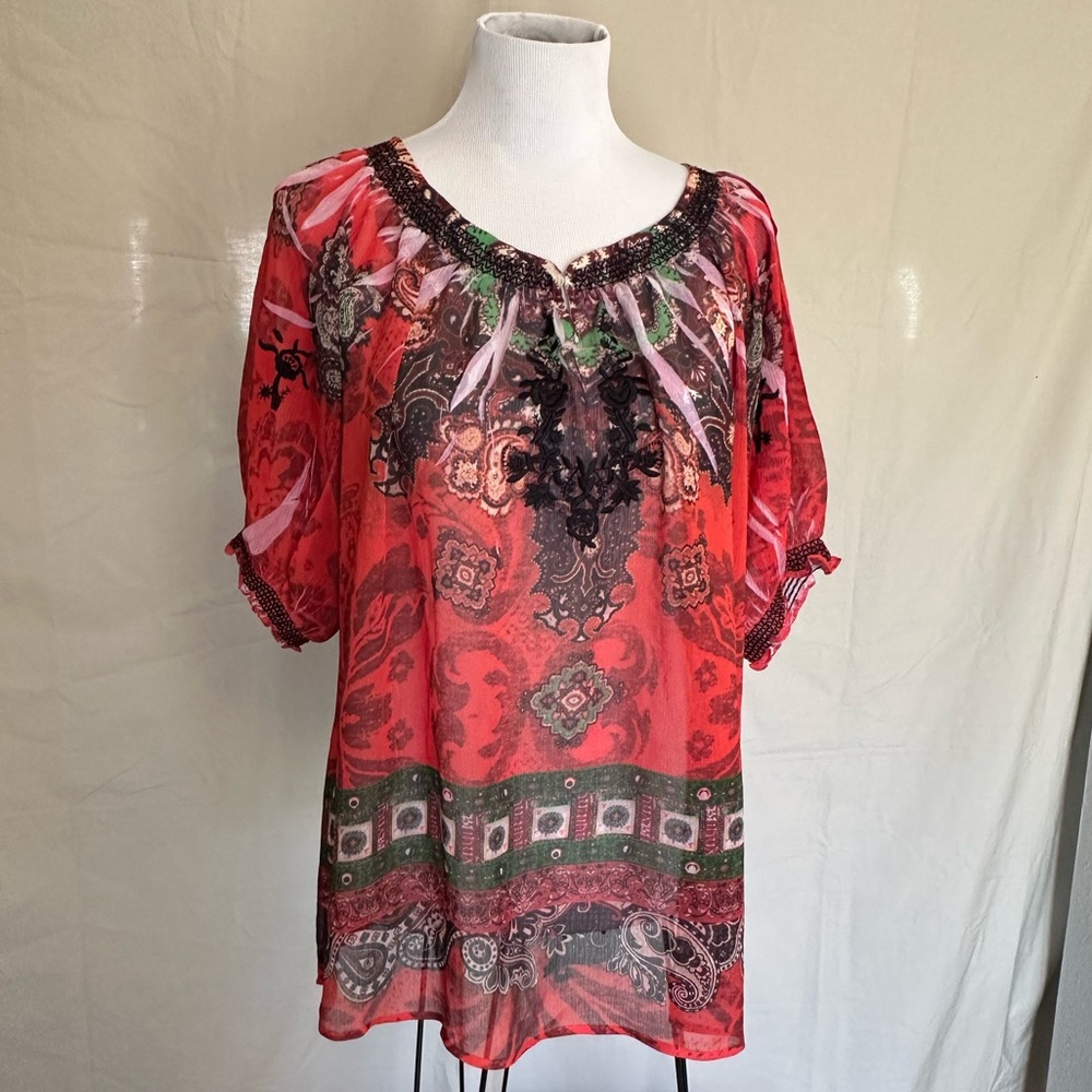 Lane Bryant Paisley Peasant Blouse Embroidered semi-sheer 14/16 red orange 1X
